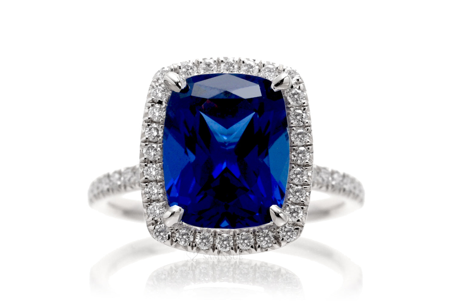 Cushion Chatham Sapphire Engagement Ring With A Diamond Halo | The Caitlin Ring In White Gold