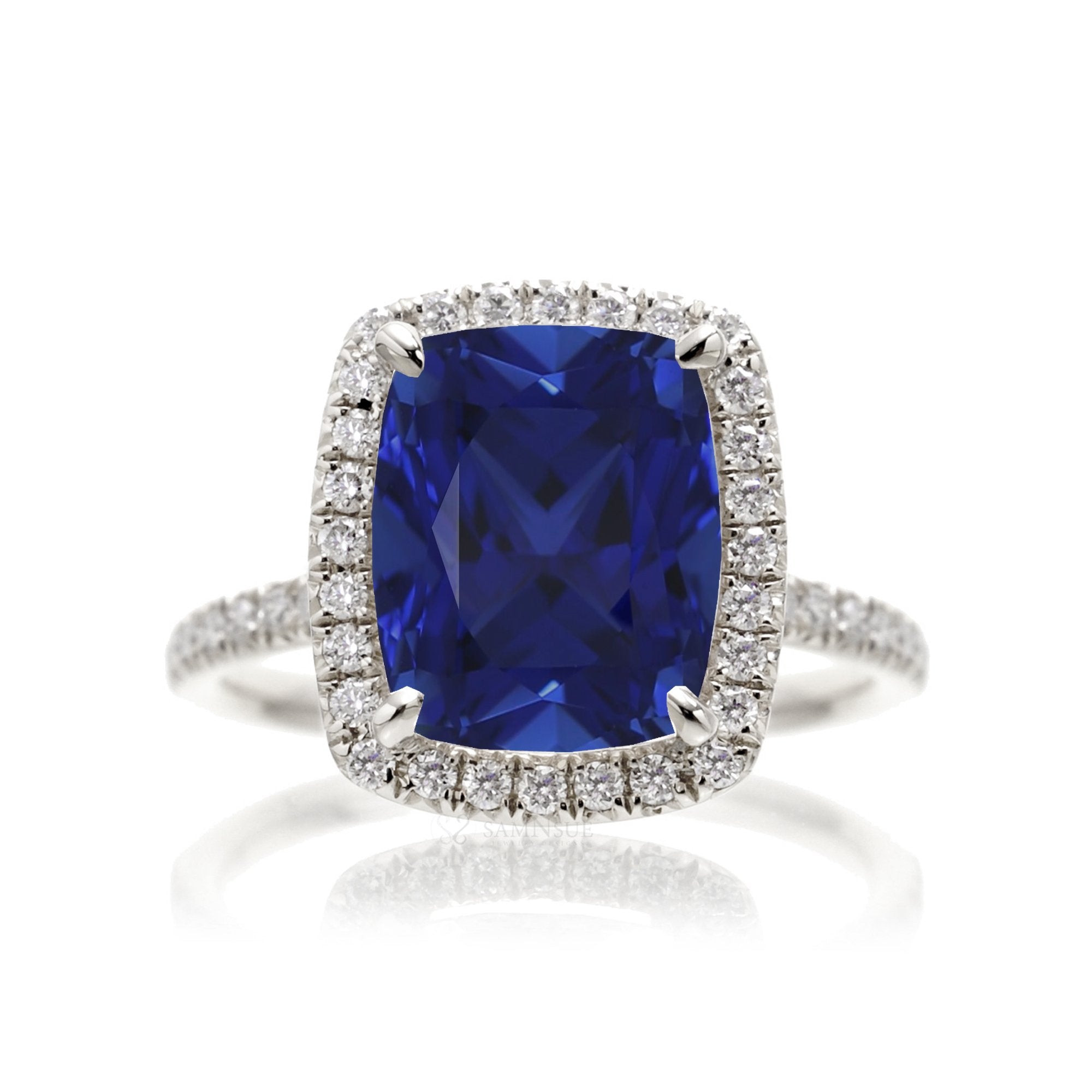Cushion Sapphire Engagement Ring With A Diamond Halo | The Caitlin Ring In White Gold