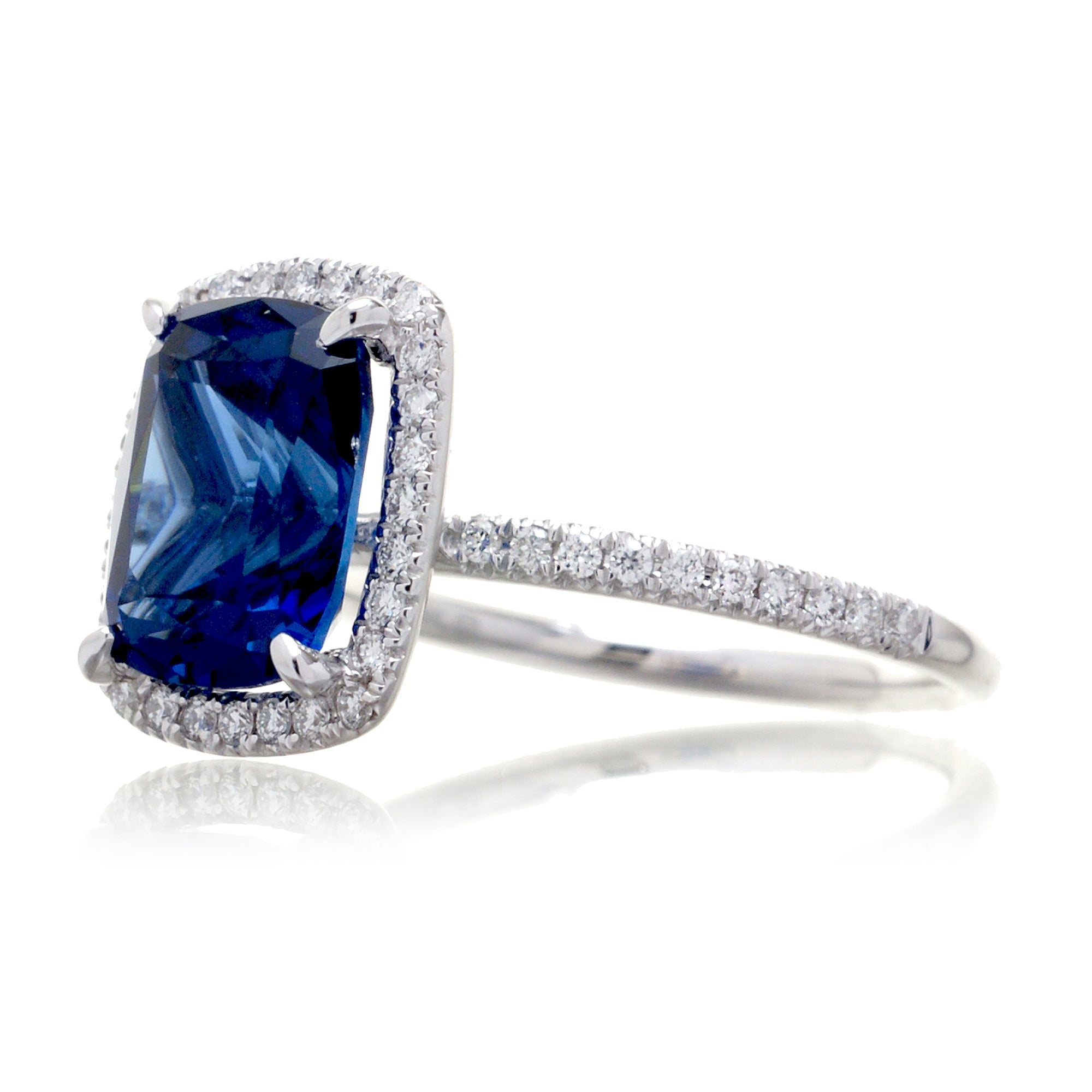 Cushion Sapphire Engagement Ring With A Diamond Halo | The Caitlin Ring In White Gold