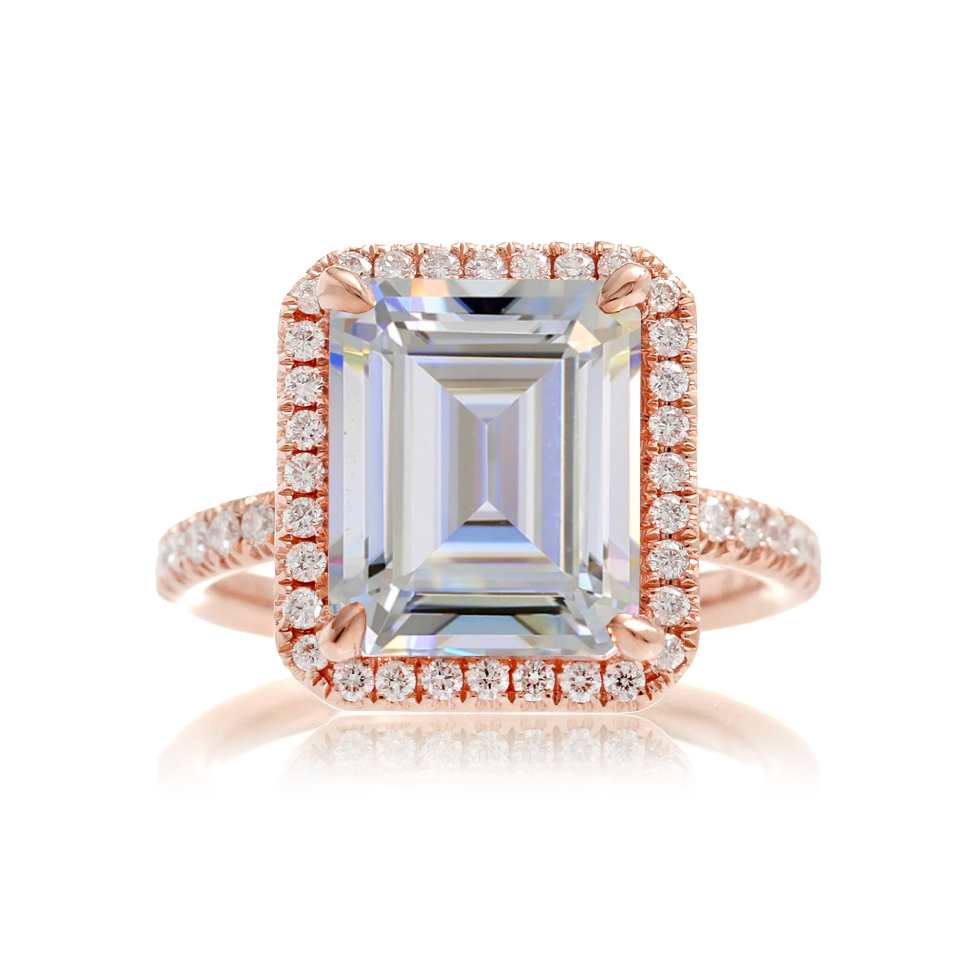 Emerald cut moissanite engagement ring with diamond halo the Drenched rose gold