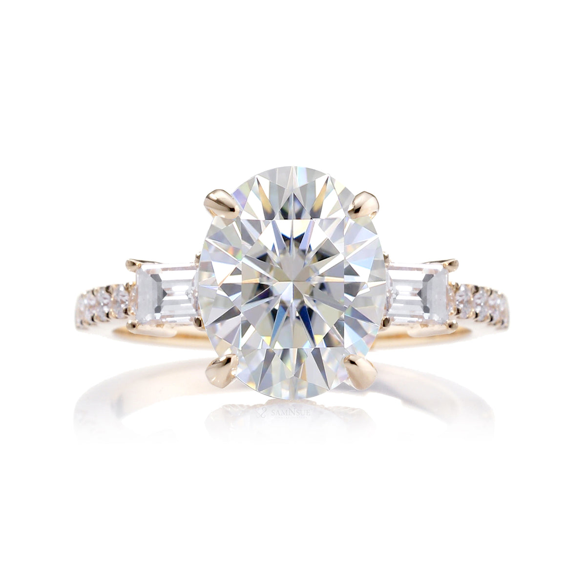 Oval Cut Moissanite Three Stone Baguette Engagement Ring - The Rey