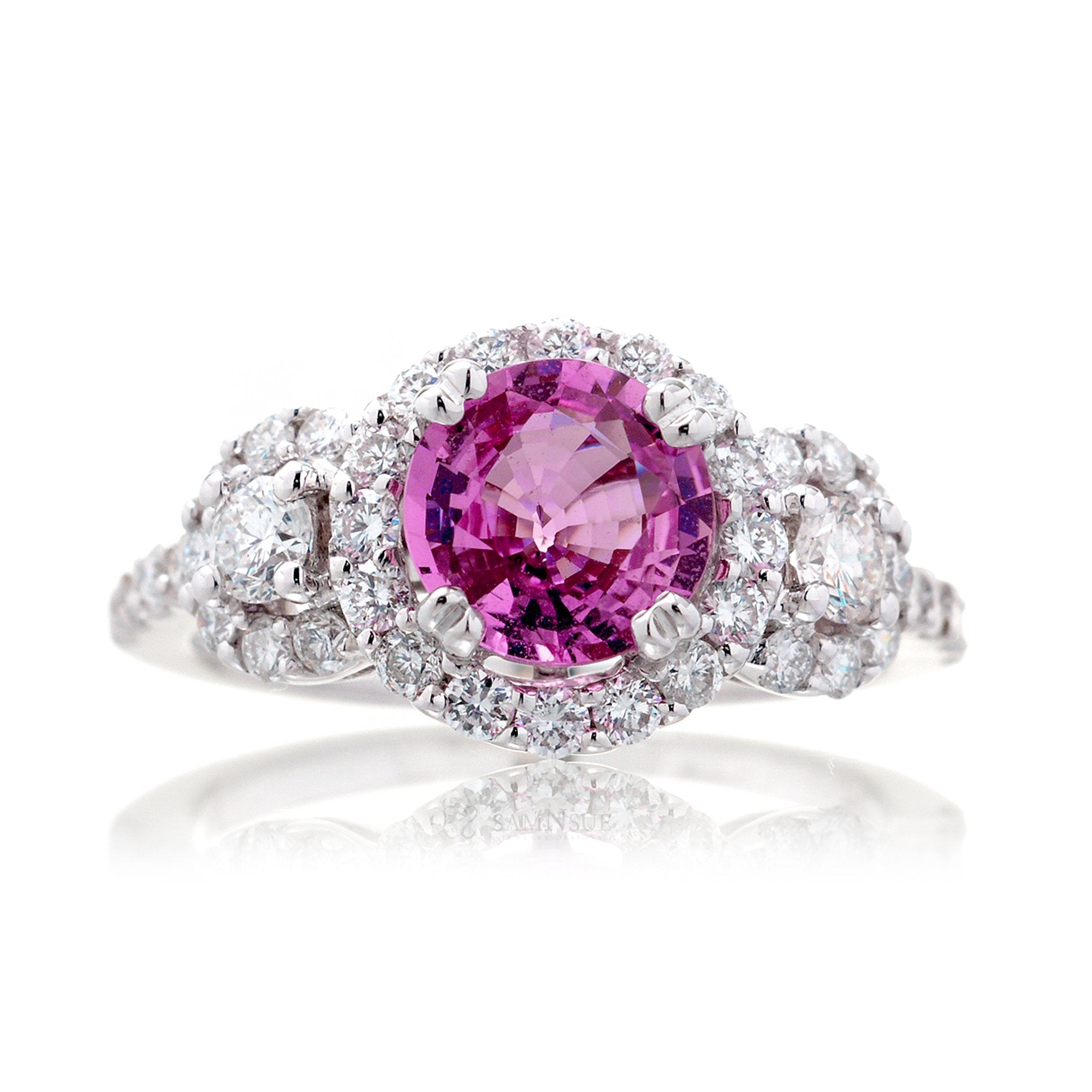 Pink sapphire three stone diamond halo engagement anniversary ring in white gold