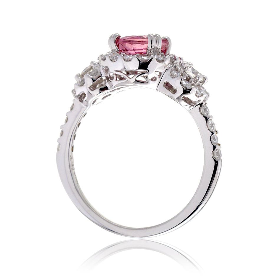 Pink sapphire three stone diamond halo engagement anniversary ring in white gold