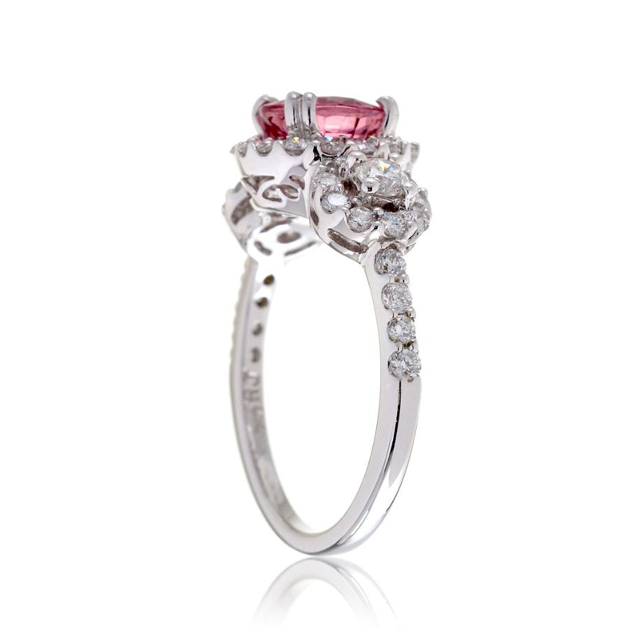Pink sapphire three stone diamond halo engagement anniversary ring in white gold