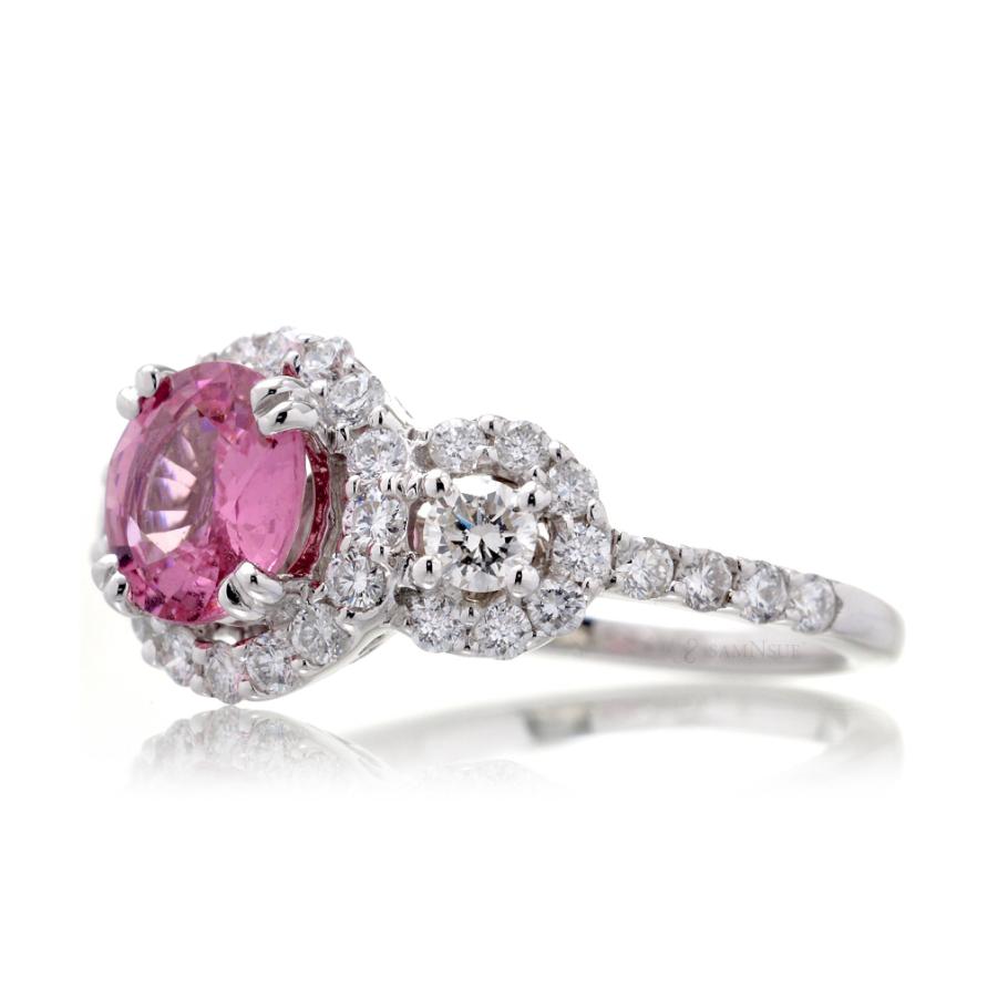 Pink sapphire three stone diamond halo engagement anniversary ring in white gold