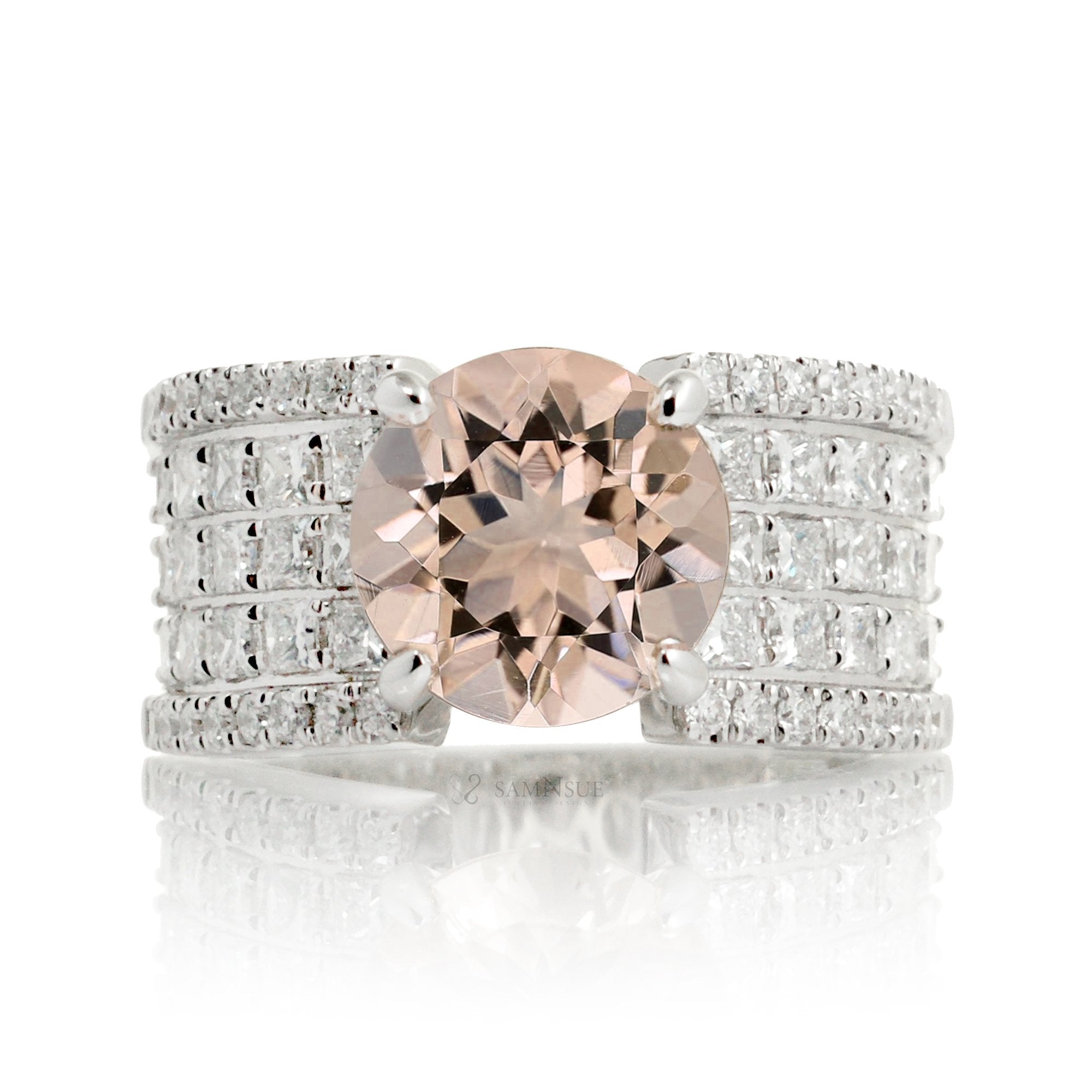 Round morganite anniversary ring in white gold wide band