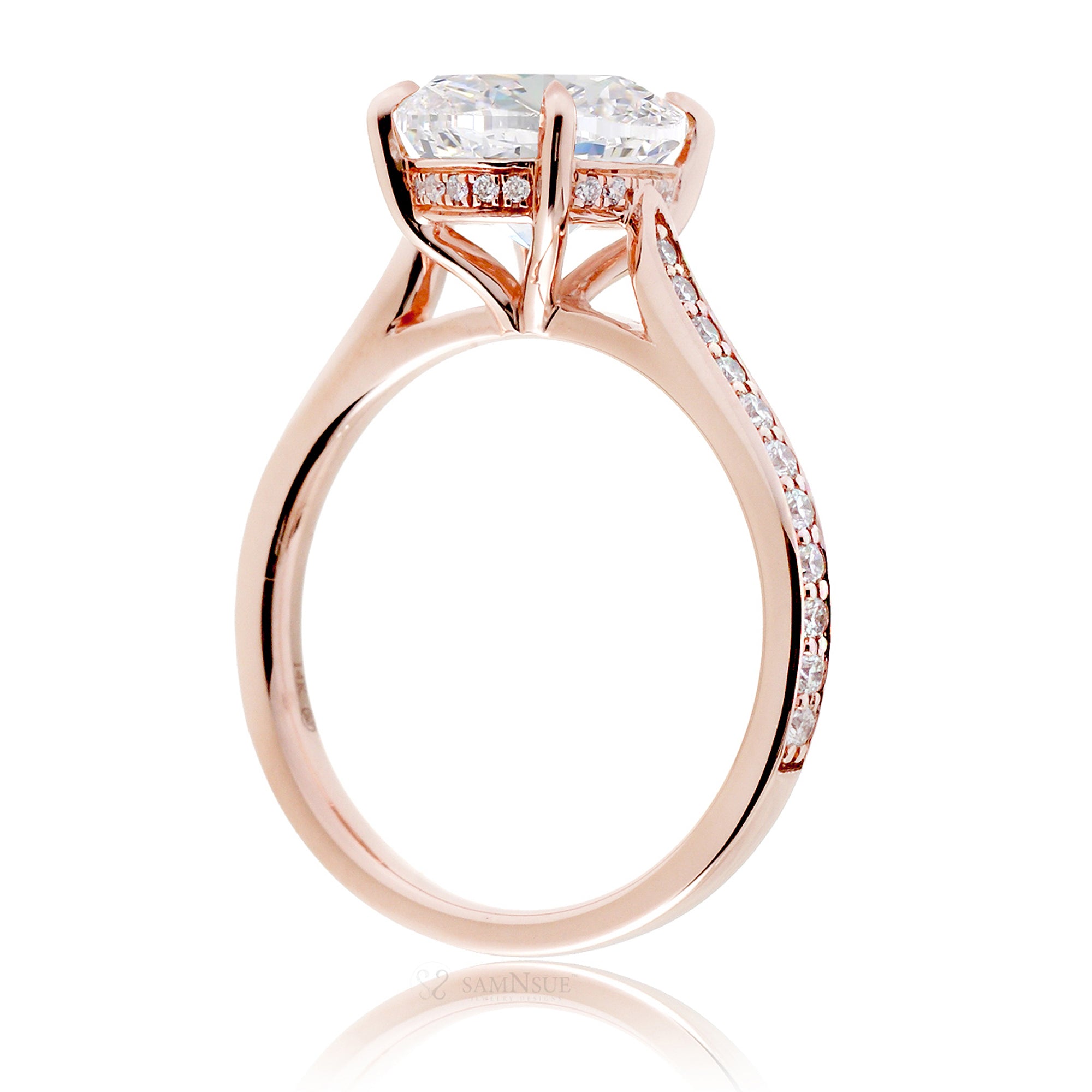 Solitaire moissanite engagement ring with a diamond band and hidden halo - the Emily in rose gold