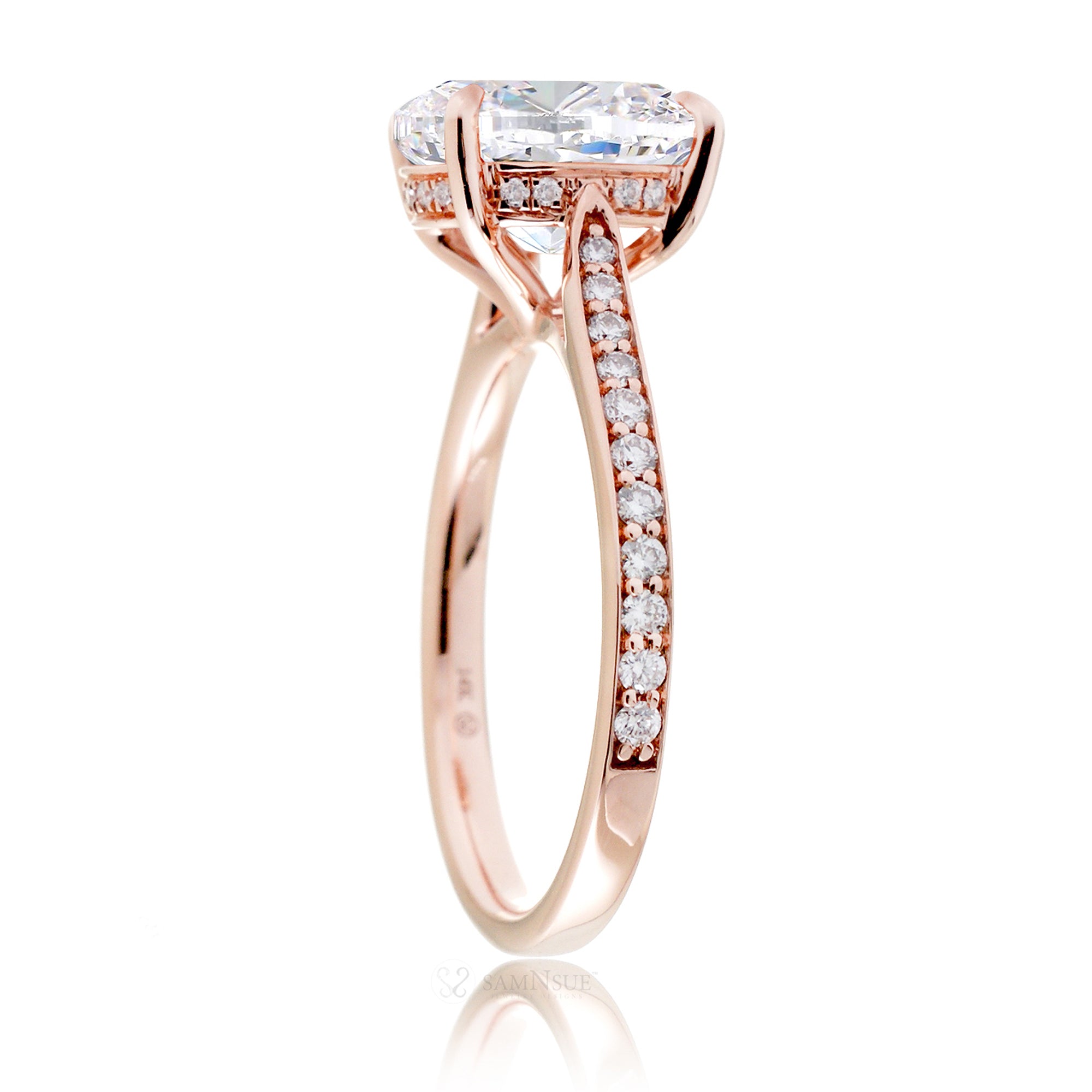 Solitaire moissanite engagement ring with a diamond band and hidden halo - the Emily in rose gold