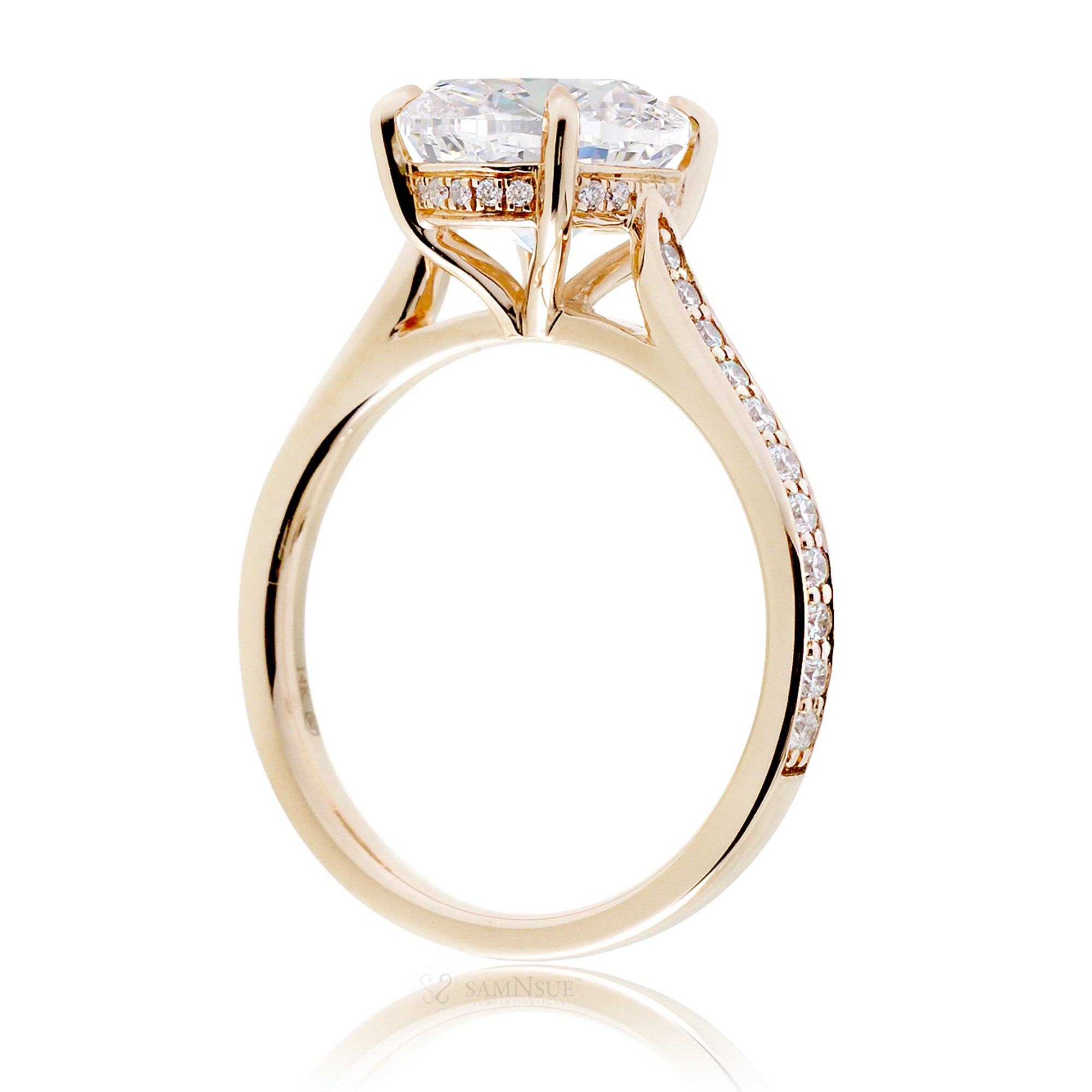 Solitaire moissanite engagement ring with a diamond band and hidden halo - the Emily in yellow gold