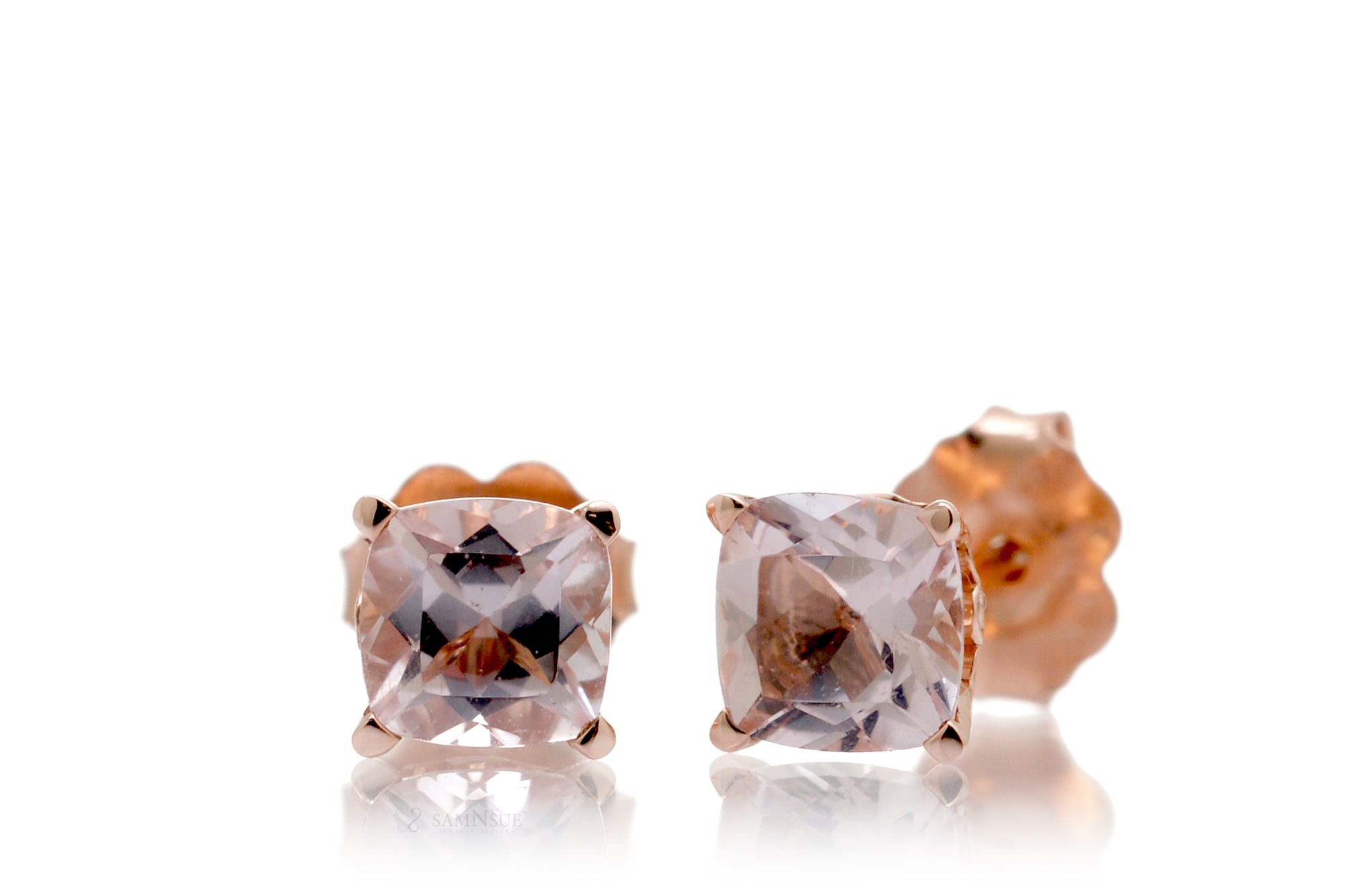 Woman Cushion Morganite Stud Earrings | 5x5mm Rose Gold