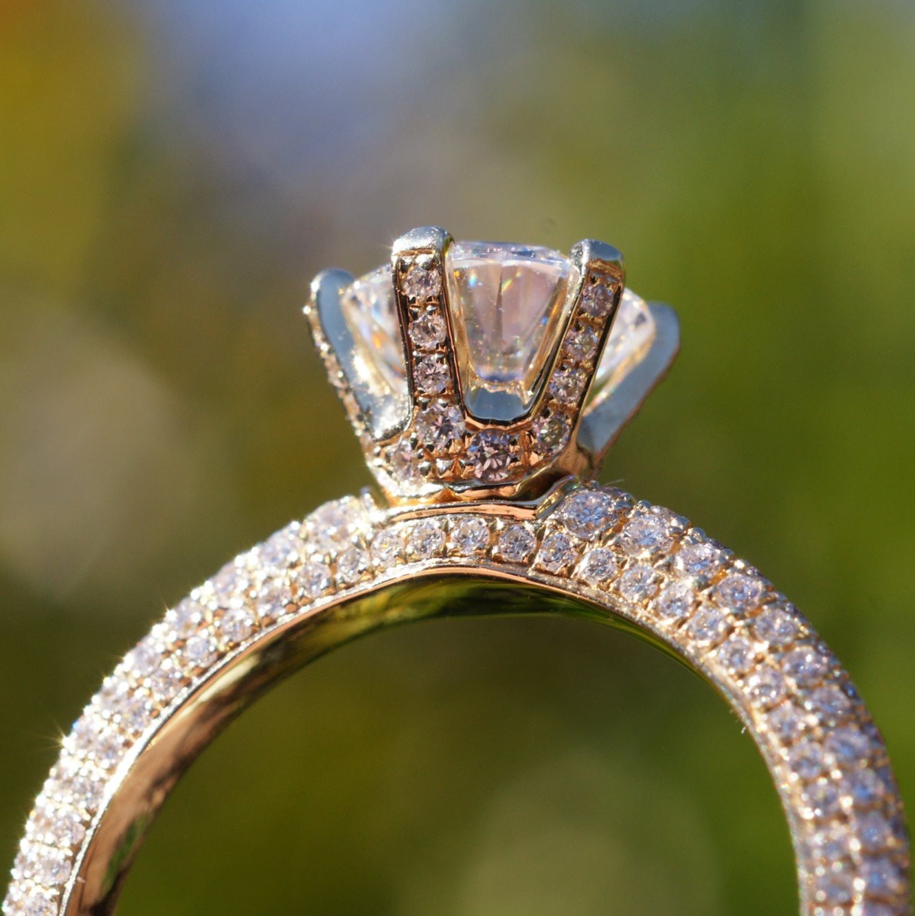 Pave diamond engagement ring with round center moissanite in rose gold