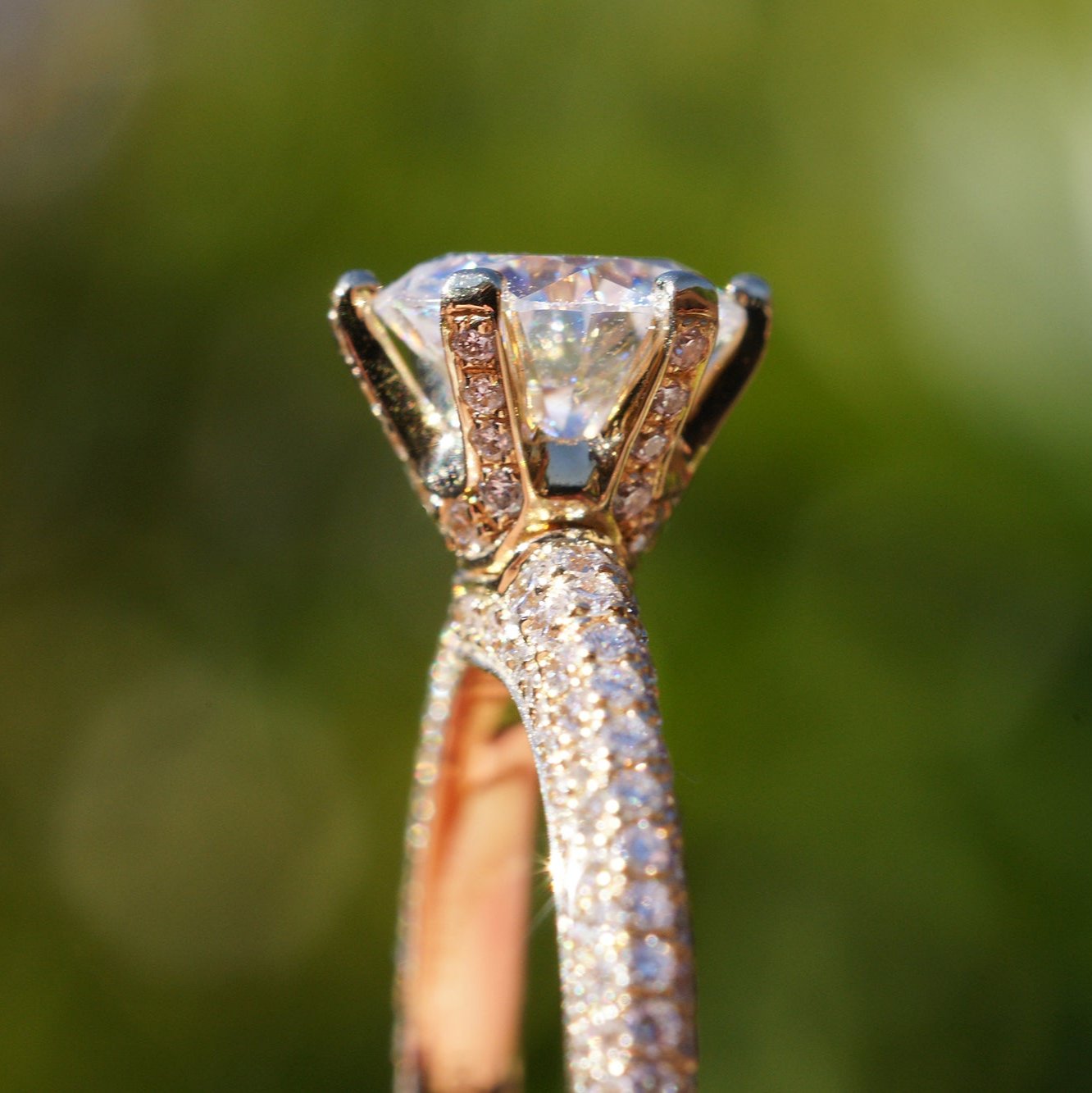 Pave diamond engagement ring with round center moissanite in rose gold