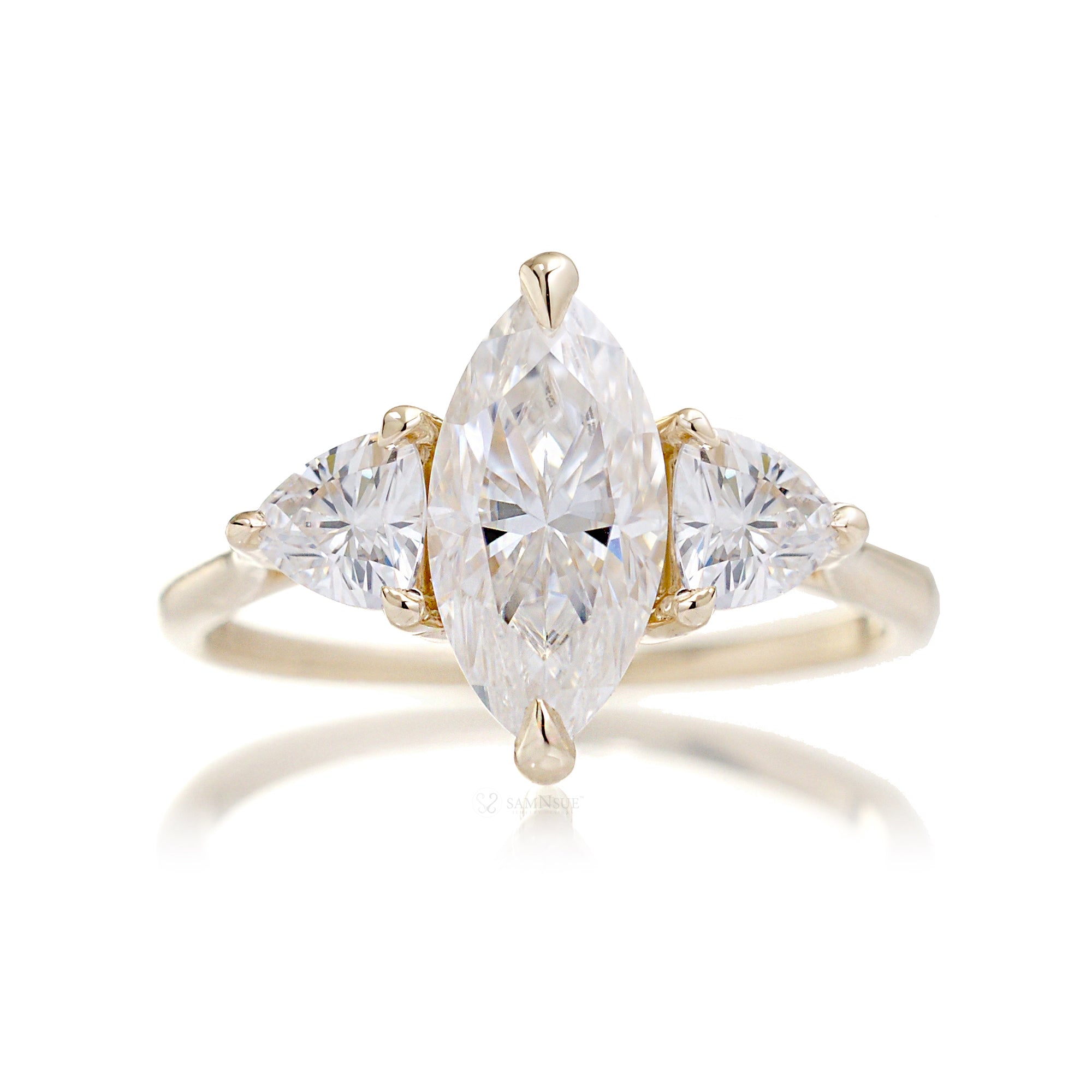Marquise Trilliant Three Stone Ring Yellow Gold