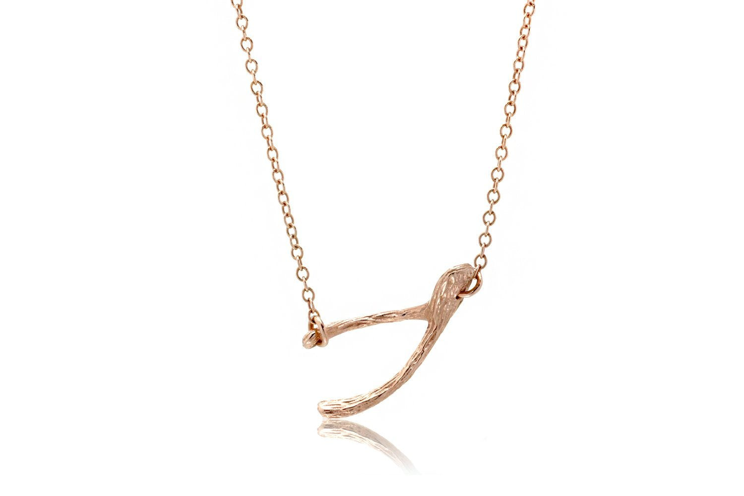 Wishbone pendant in solid rose gold and twig texture