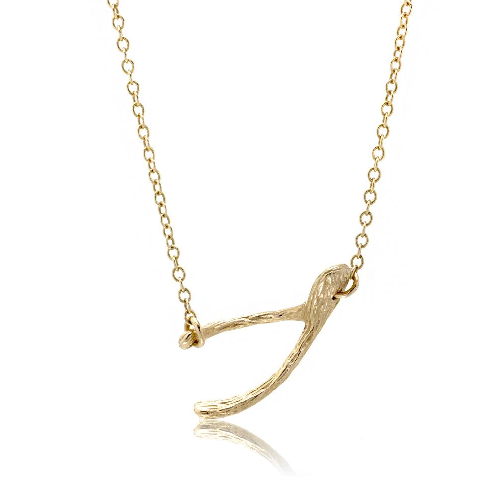 Wishbone pendant in solid yellow gold and twig texture